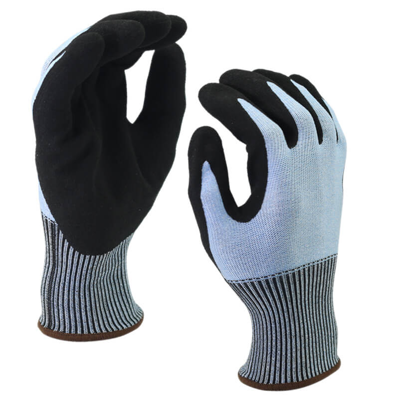 EN388:4X42C Seamless Knitted Coated ISO Cut Level C Sandy Nitrile Glove- DY1350F-BL/BLK