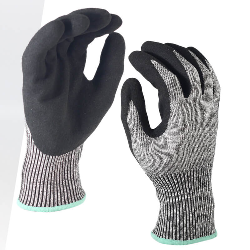 EN388:4X42C Seamless Knitted Coated Sandy Finish ISO Cut Glove-DY1350F-GR/BLK