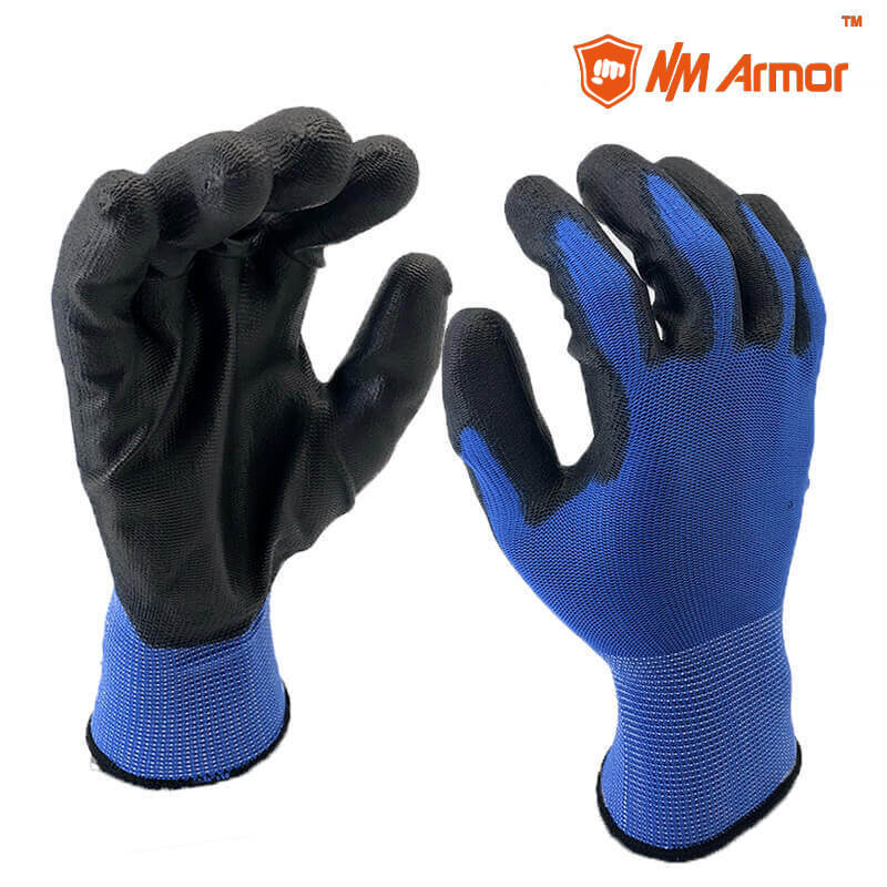 EN388:3121X DMF Free Navy Blue polyester Liner Coated Pu Palm Gloves-PU1350P-NV/BLK