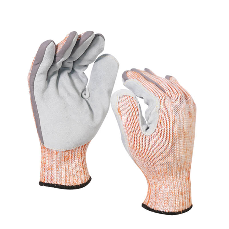 ANSI Cut 9 leather gloves with 7 gauge cut resistant knitting gloves cowhide leather on palm stitch-DY007CS