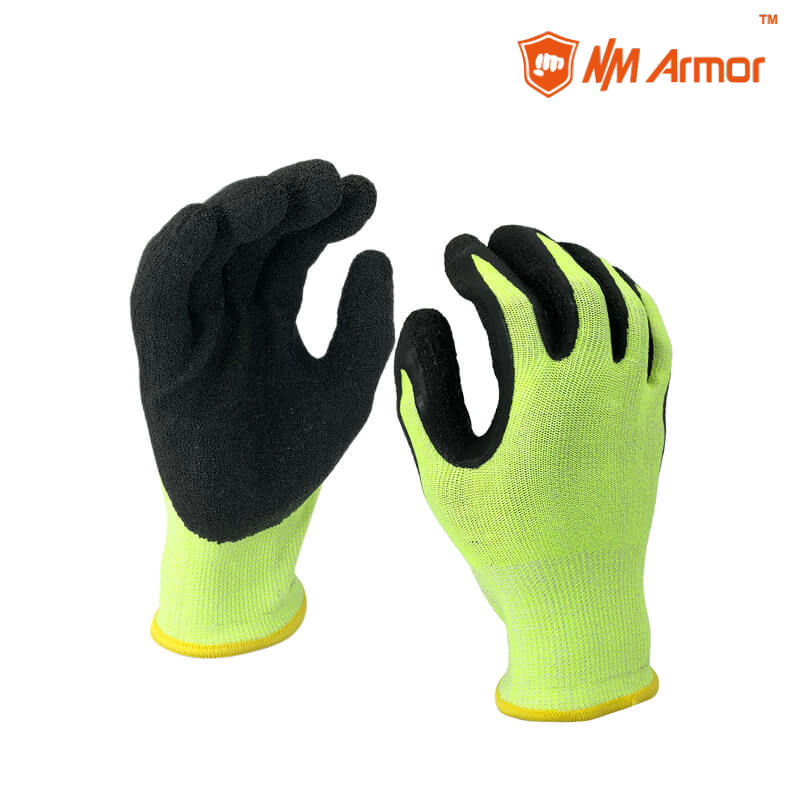 Hi-viz gloves 13 gauge knitted liner latex coated cut resistant gloves-DM1350-HY/BLK