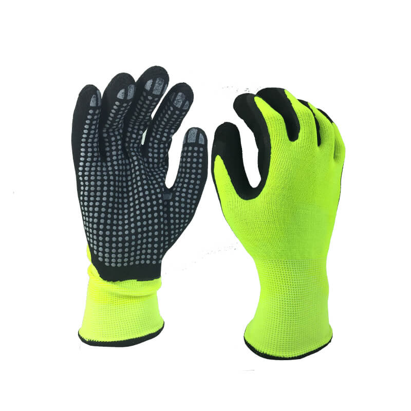 EN388:4121X Hi-viz 15 gauge dots gloves industrial black anti-slip latex gloves-NM1350FD-HY/BLK