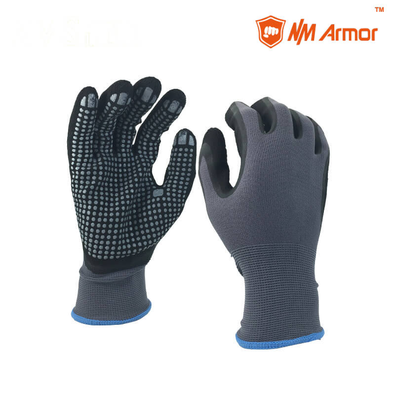 EN388:4121X Industrial black anti-slip latex gloves 15 gauge nylon dots gloves-NM1350FD-GR/BLK