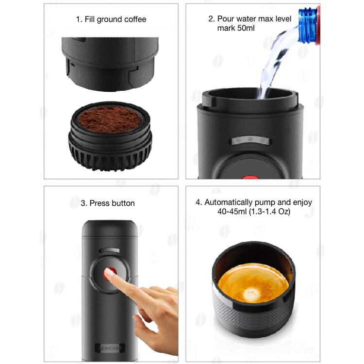 CP008ESE IMONS Fully Automatic Portable Espresso Machine CAN HEAT WATER Italian Coffee Maker For Ground Coffee, 12V Rechargeable, Cordless Use, Self Clean For Indoor and Outdoor Car Camping Hiking