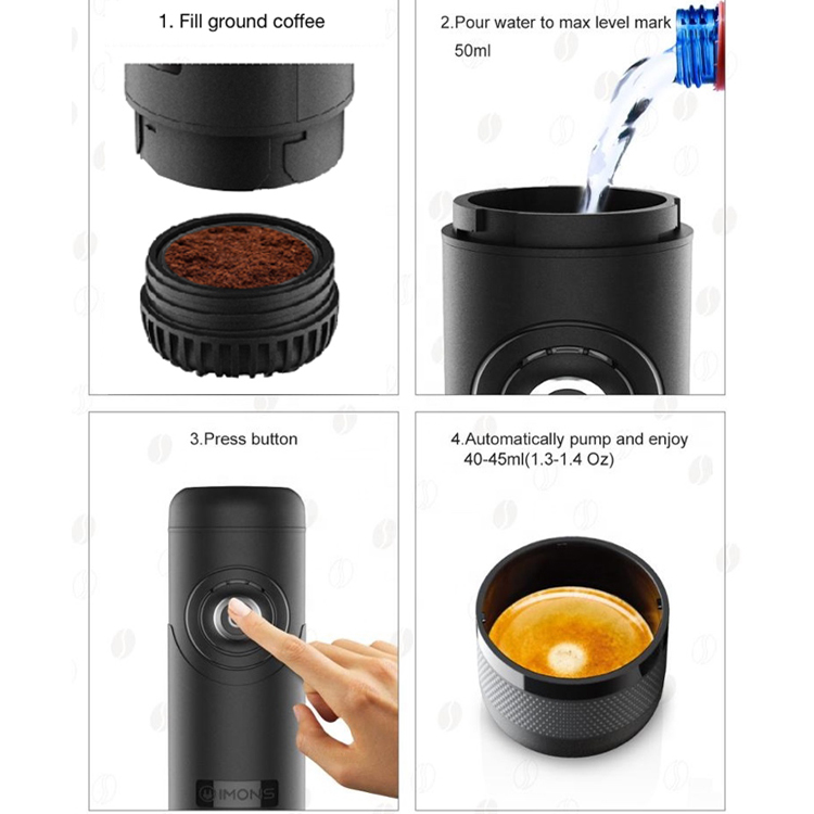 CP009ESE IMONS Fully Automatic Portable Espresso Machine CAN HEAT WATER Italian Coffee Maker For Ground Coffee, 12V Rechargeable, Cordless Use, Self Clean For Indoor and Outdoor Car Camping Hiking