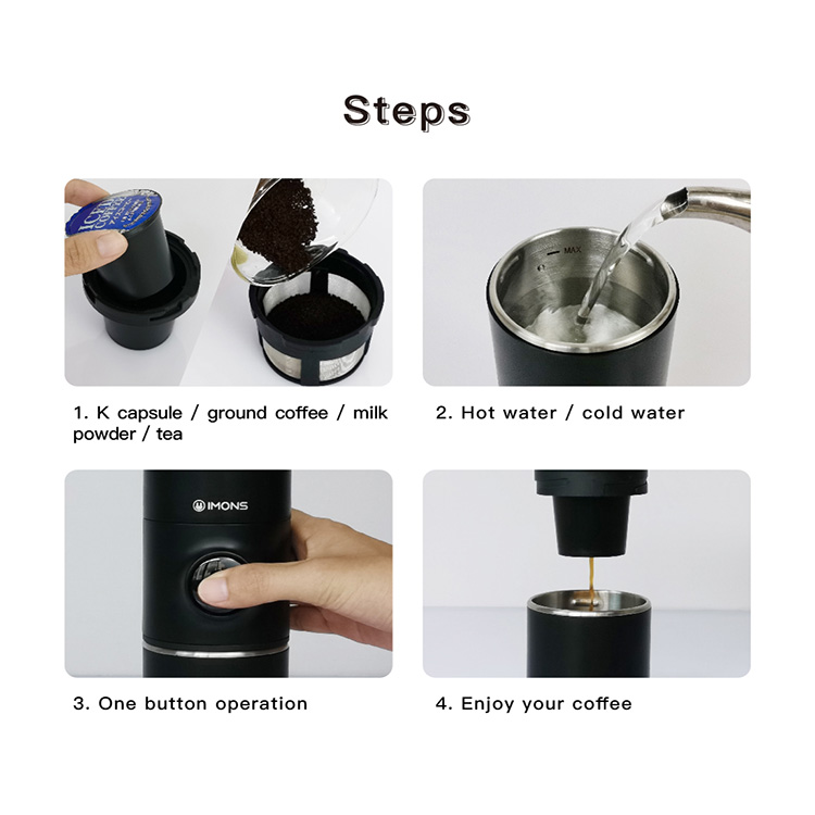 CP002 IMONS Automatic Mini Portable coffee maker machine CAN HEAT WATER for K cup Tea ground coffee, 65w USB adaptor, car drive mode, double wall stainless cup