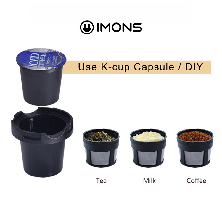 CP002 IMONS Automatic Mini Portable coffee maker machine CAN HEAT WATER for K cup Tea ground coffee, 65w USB adaptor, car drive mode, double wall stainless cup