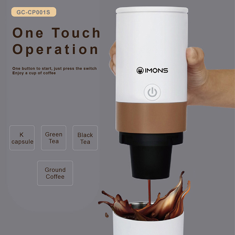 CP001 IMONS Automatic Mini Portable drip coffee maker machine CAN HEAT WATER for K cup Tea ground coffee, 12v adaptor, car drive mode, double wall stainless cup