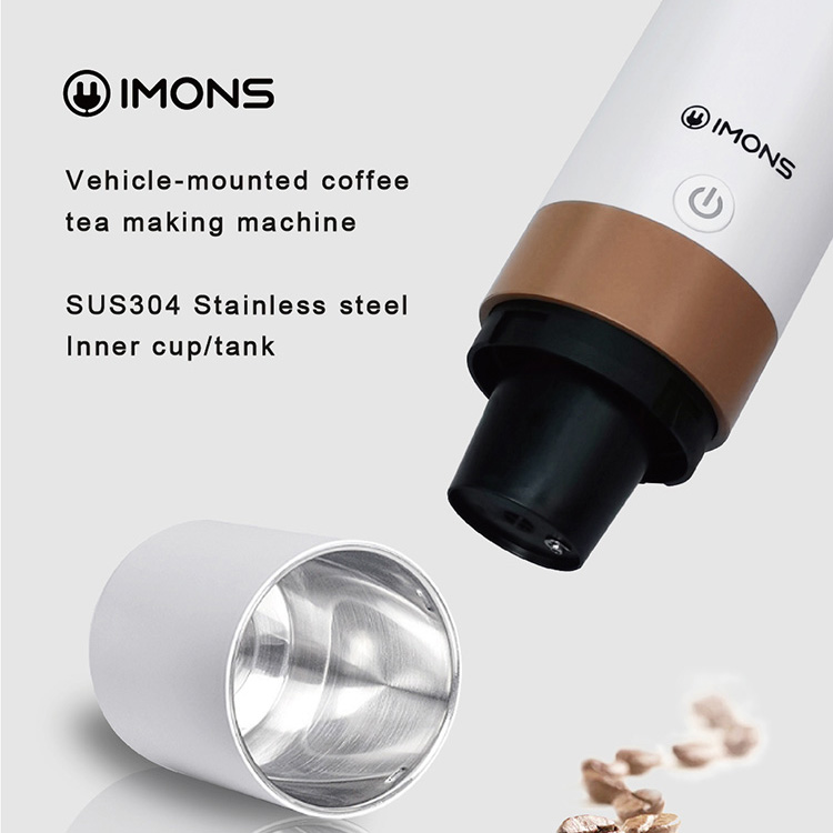 CP001 IMONS Automatic Mini Portable drip coffee maker machine CAN HEAT WATER for K cup Tea ground coffee, 12v adaptor, car drive mode, double wall stainless cup