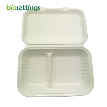 PFAS Free Sugarcane Bagasse Disposable Compostable 2 Compartment Clamshell Food Containers
