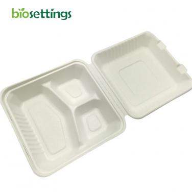 100% Compostable PFAS Free Bagasse Tableware 8inch 3-Compartments Sugarcane Clamshell