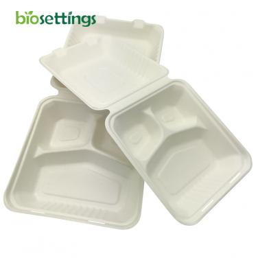 9 inch Compostable Sugarcane Bagasse 3 Compartment Biodegradable Take Out Food Containers Clamshell For Lunch