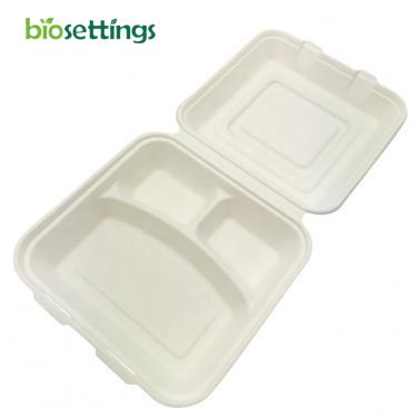 10" Three Compartment Clamshell Container Environmentally Responsible 100% Biodegradable PFAS Free