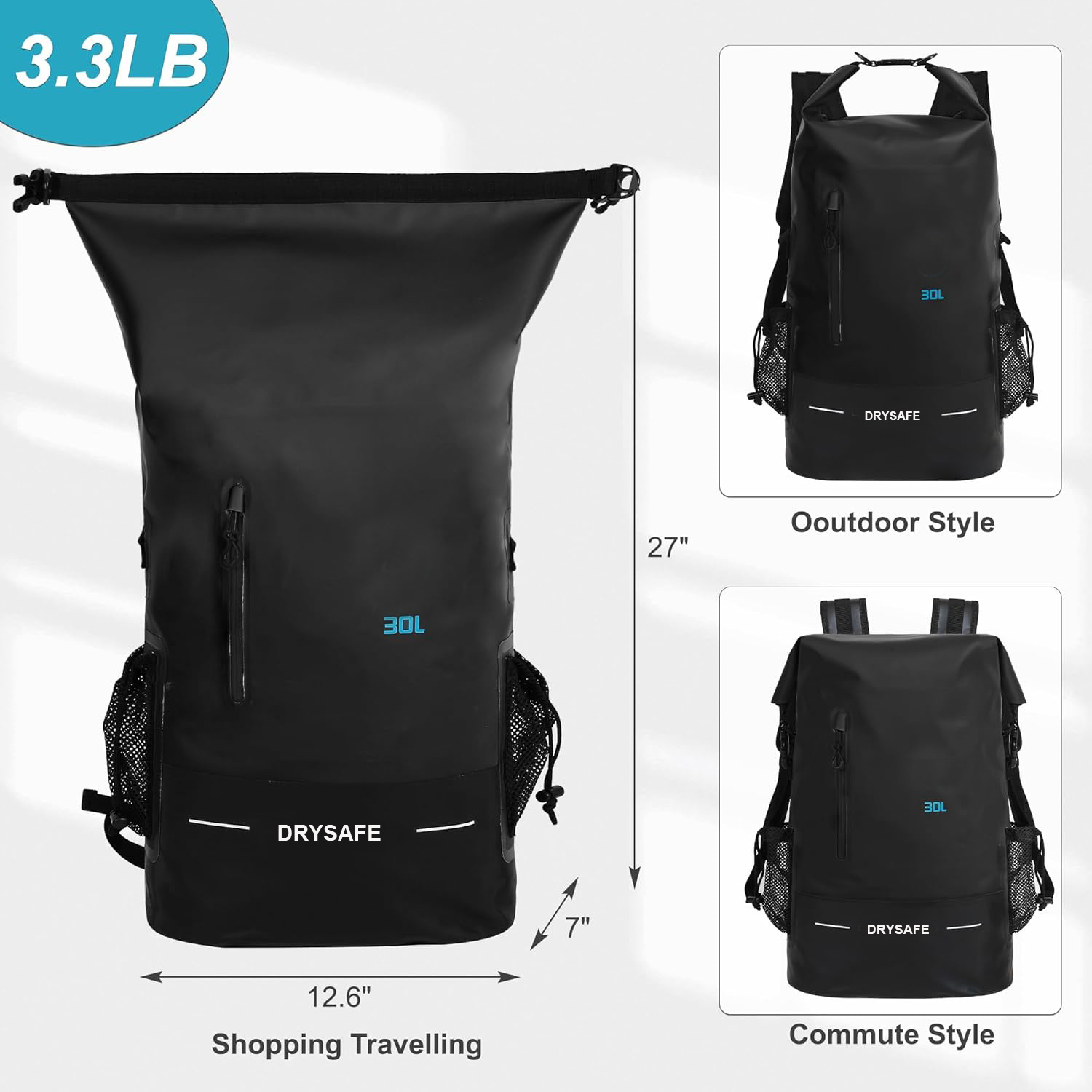 DRYSAFE Waterproof Dry Bag 30L Boating Backpack for Travel Hiking Camping Bags for Kayaking Hiking Waterproof Bags Swimming Floating Submersible Dry Bag Black