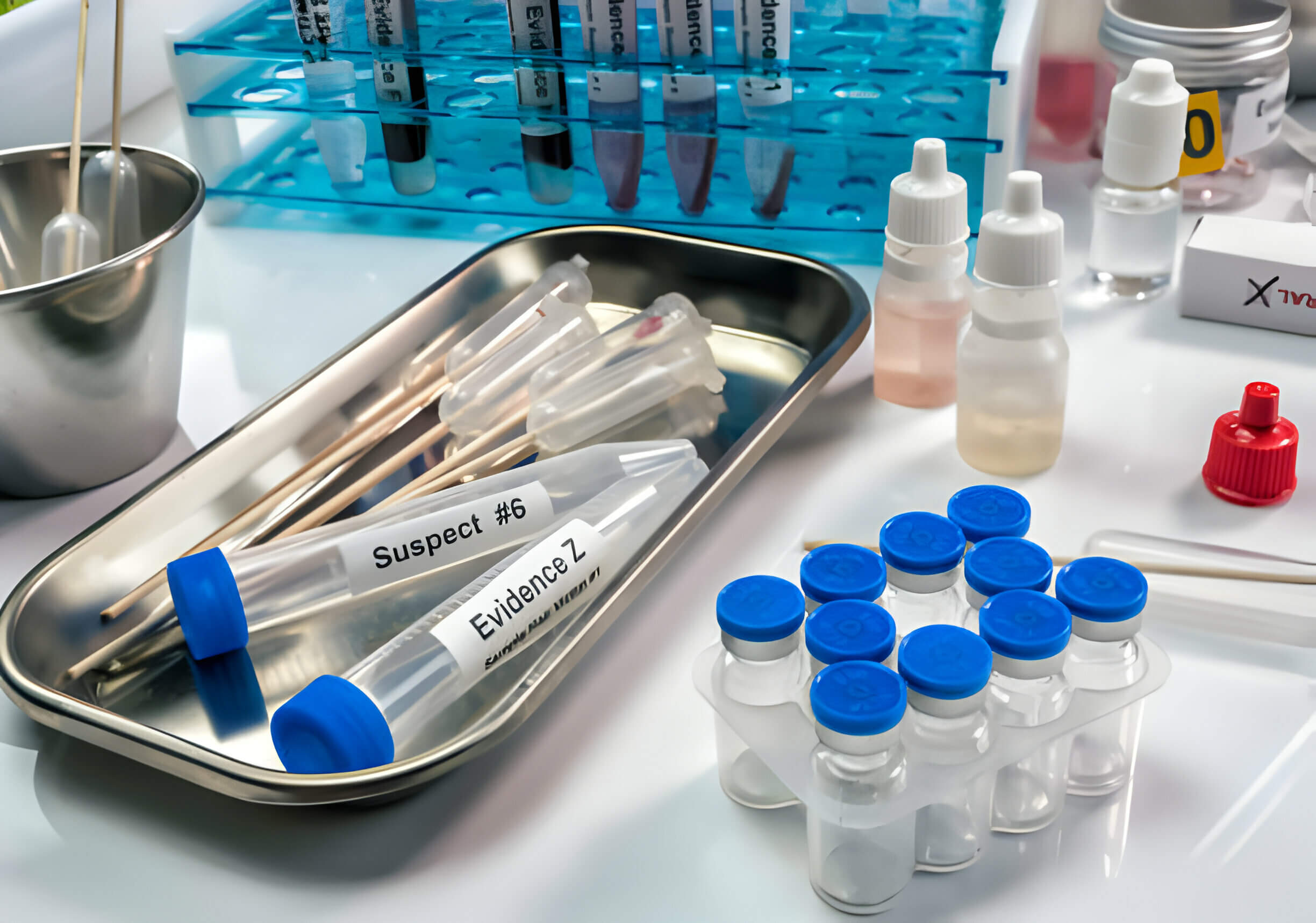 Forensic test kits in a murder in a crime lab
