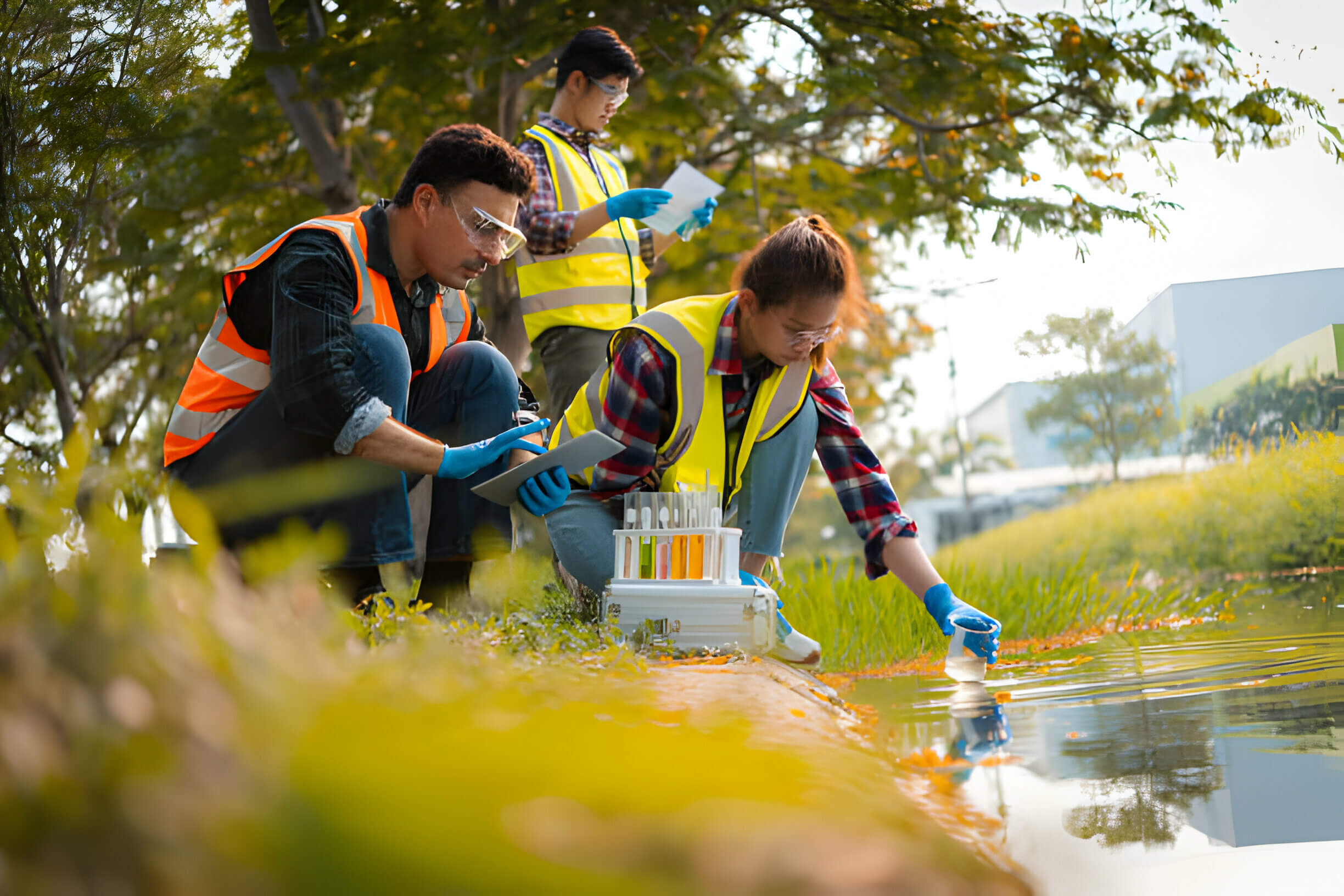 科学家团队收集水样进行分析，研究水质、环境和拯救地球。