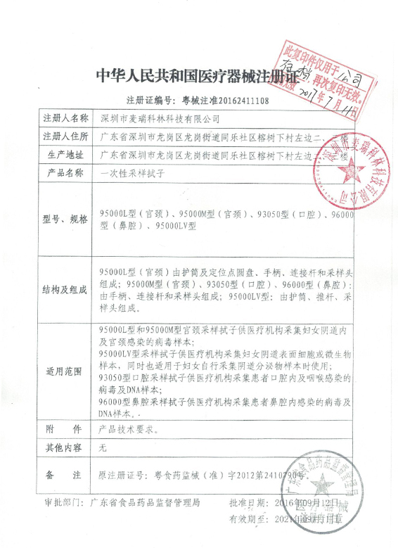 People's Republic of China Medical Device Registration Certificate