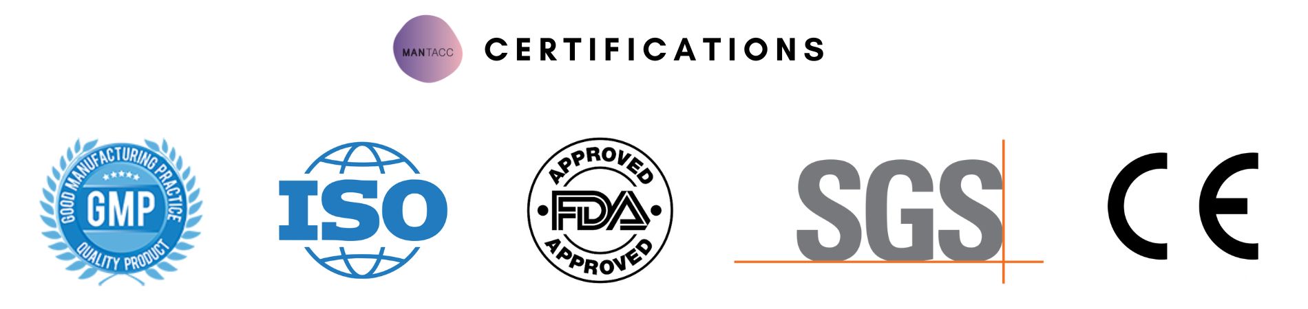 Mantacc GMP, ISO, FDA, SGS, CE certificates banner