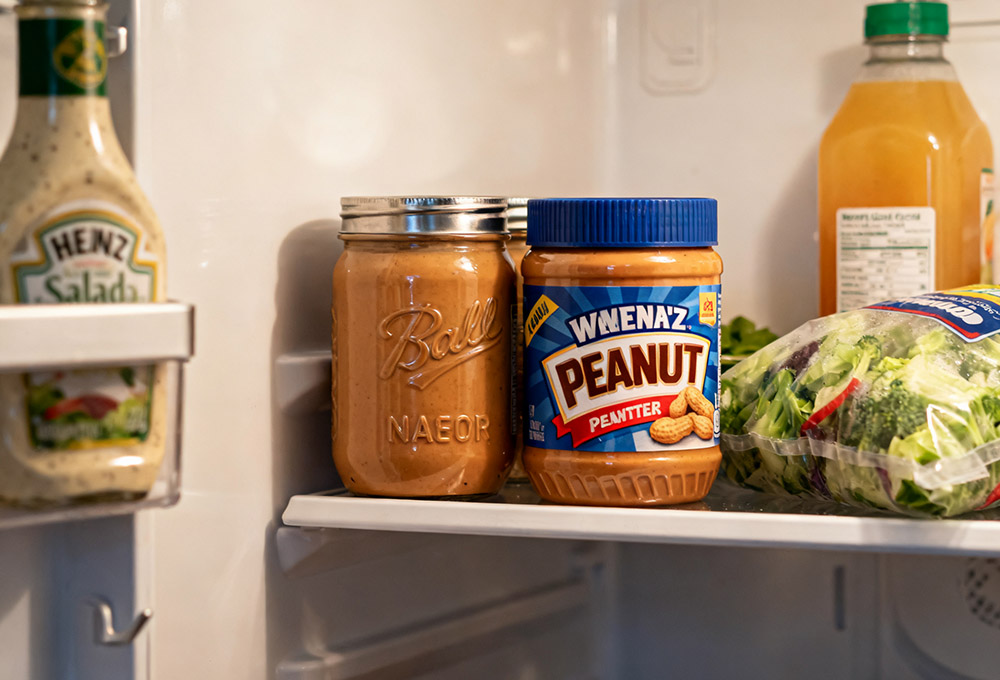 Peanut butter is in the fridge