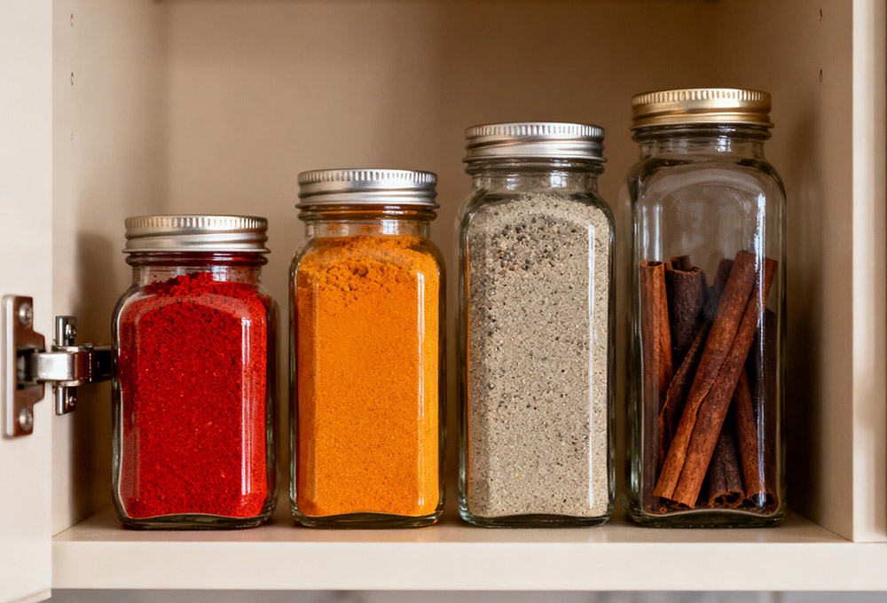 spices stored in cabinets