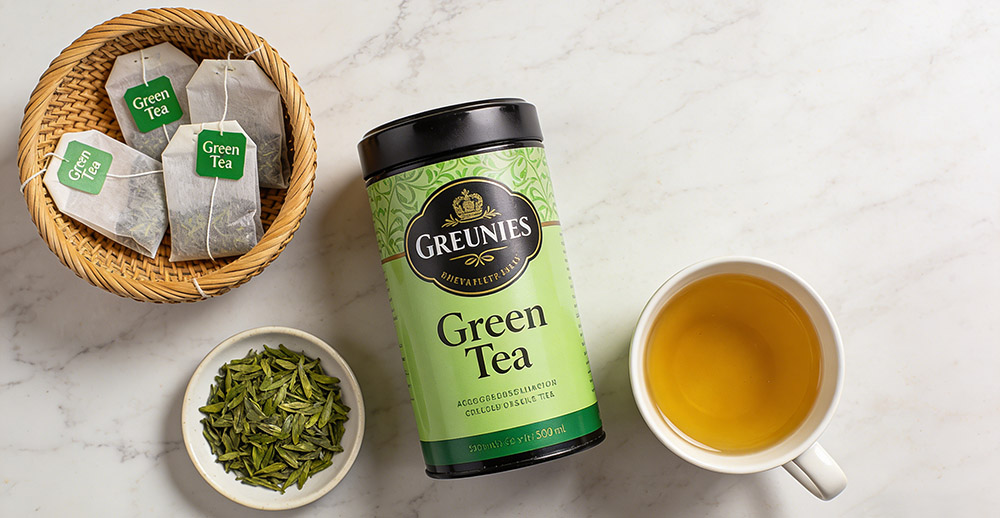 canned green tea and tea bags