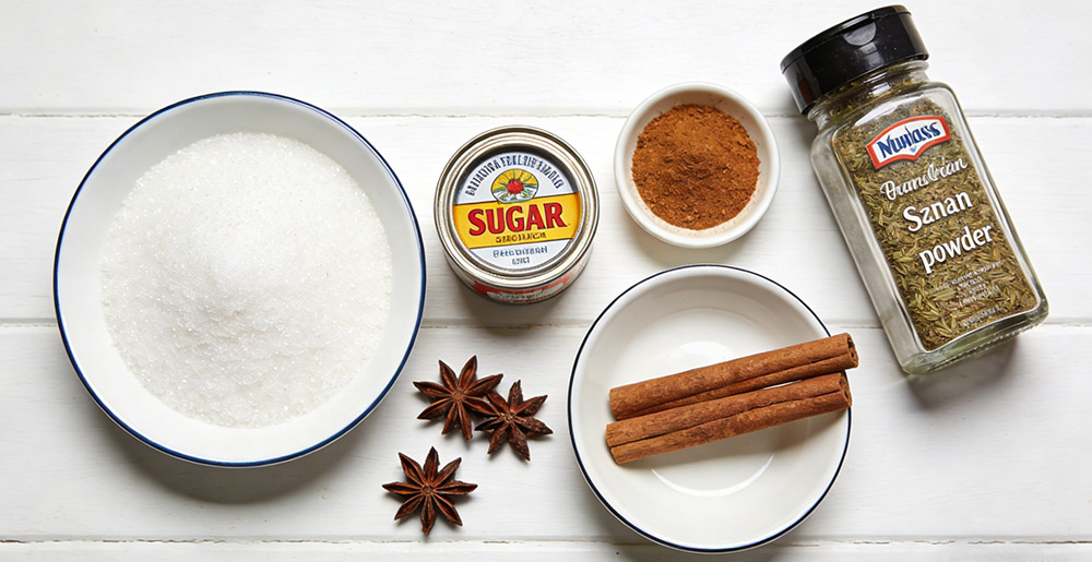 sugar, star anise, spices, cinnamon