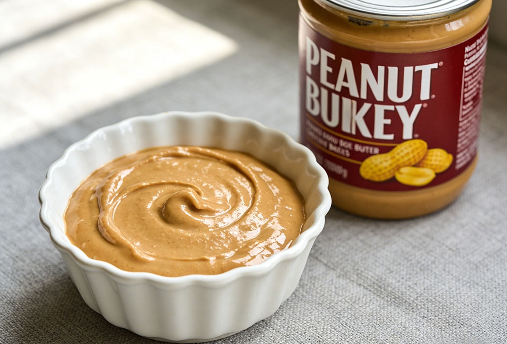 a bowl of peanut butter and a jar of peanut butter