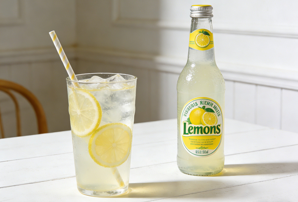a glass of lemonade and a bottle of lemonade