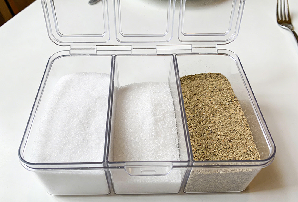 salt, sugar and black pepper