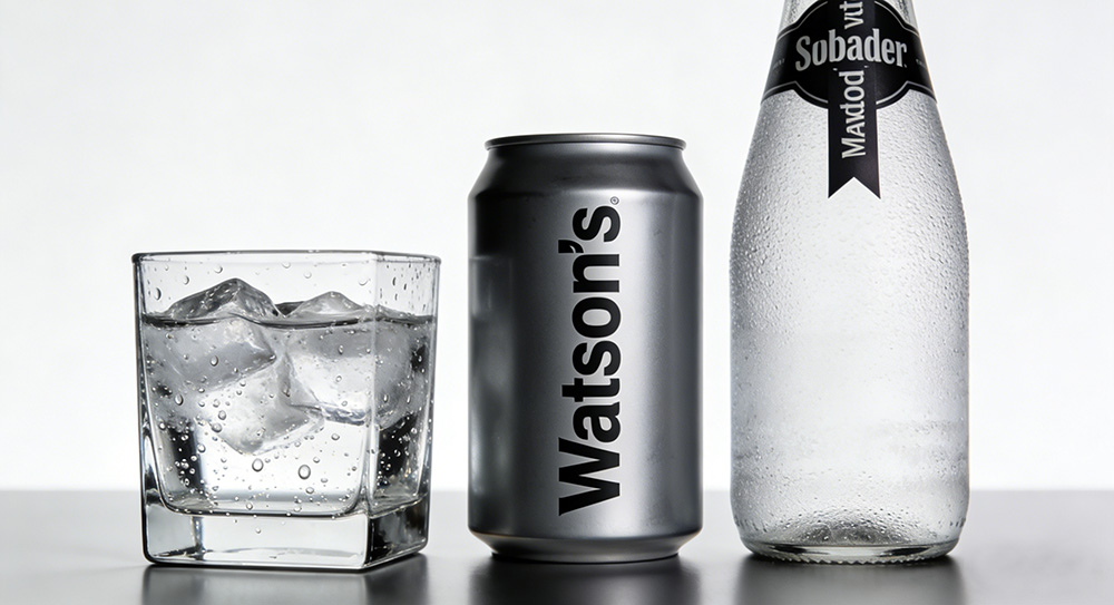 one cup, one can and one bottle of soda water