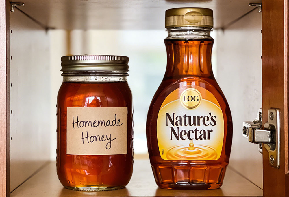 homemade and commercial honey in the refrigerator