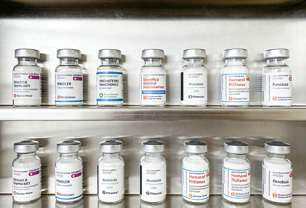 medical vials on the storage cabinet