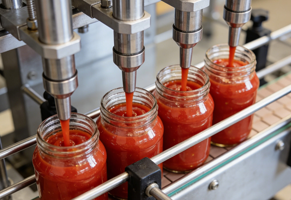 the sauce filling machine is filling tomato sauce