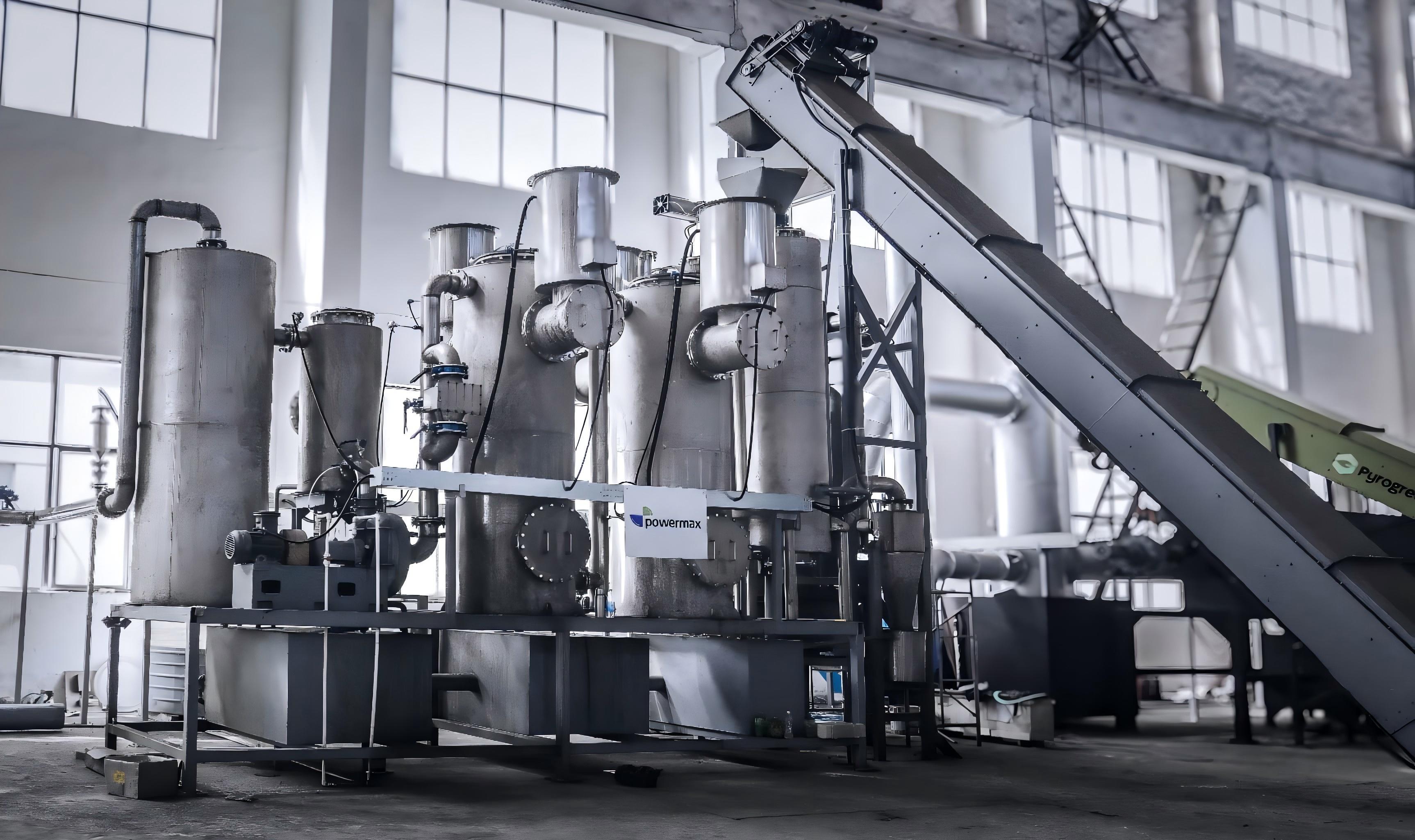 Biomass power plant gasification equipment and material feeding conveyor inside an industrial facility