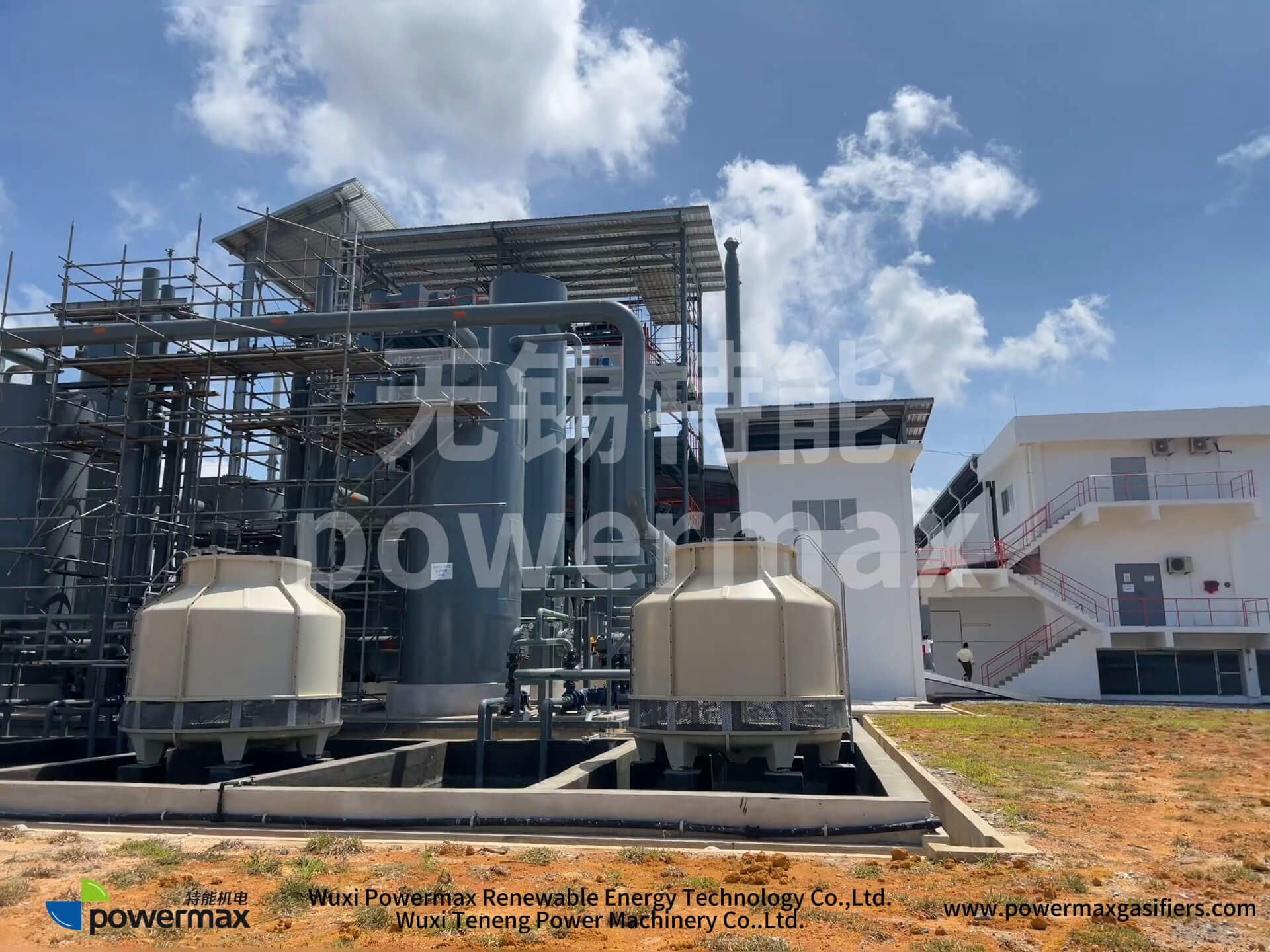 Overall view of a biomass gasification system for a wood-chip power plant